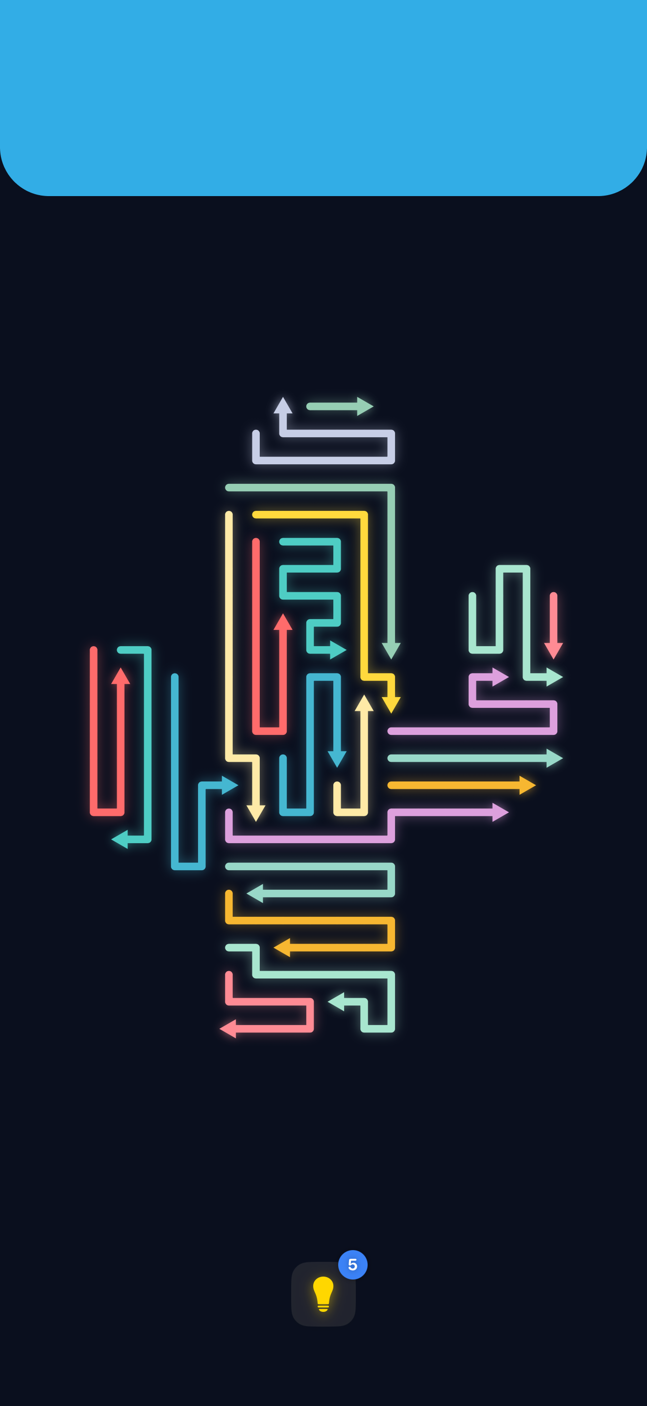 Arro Escape arrow maze puzzle level with colorful directional arrows forming a vertical pattern on a dark background