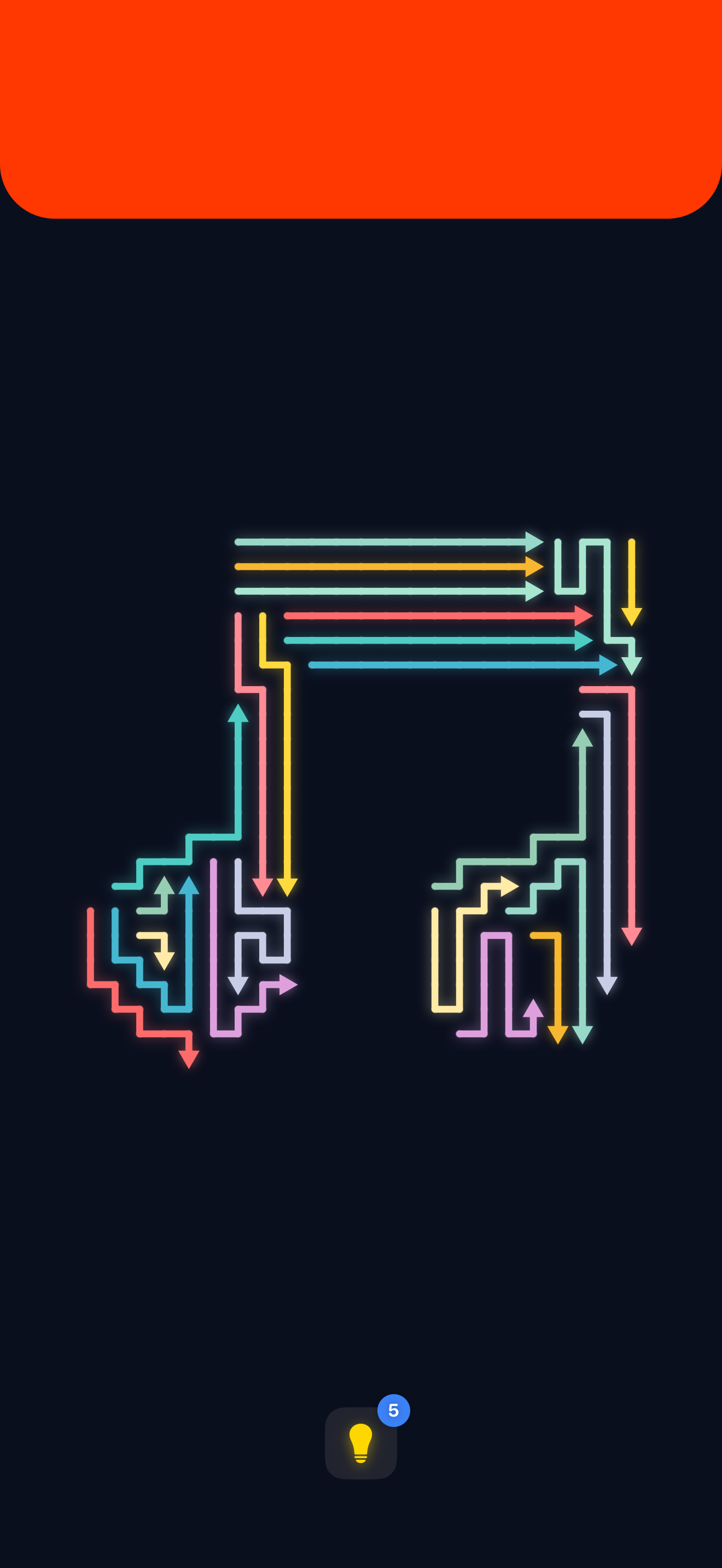 Arro Escape maze puzzle level featuring neon arrows forming a bridge-like pattern with multiple crossing paths