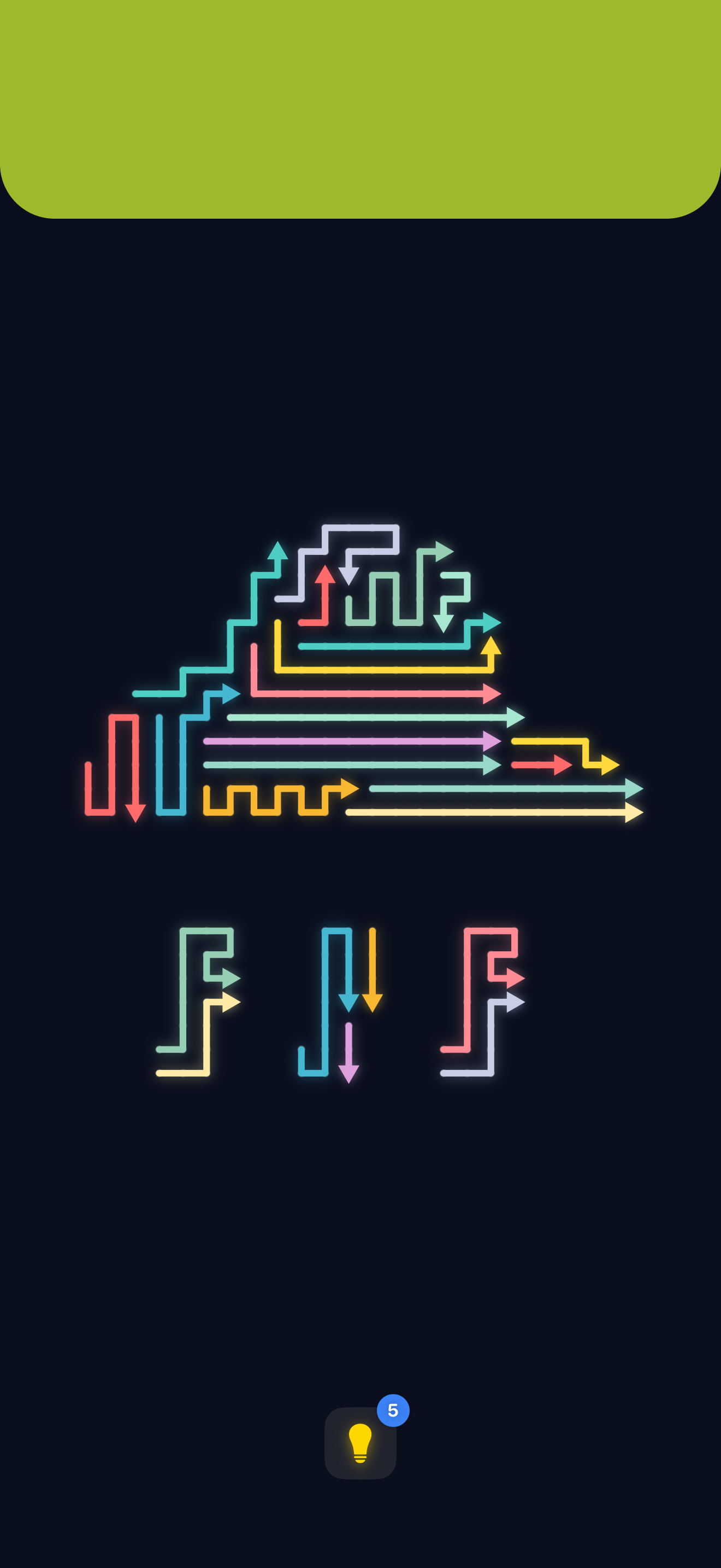 Arro Escape brain game level showing a triangular arrow formation with scattered smaller puzzle elements below