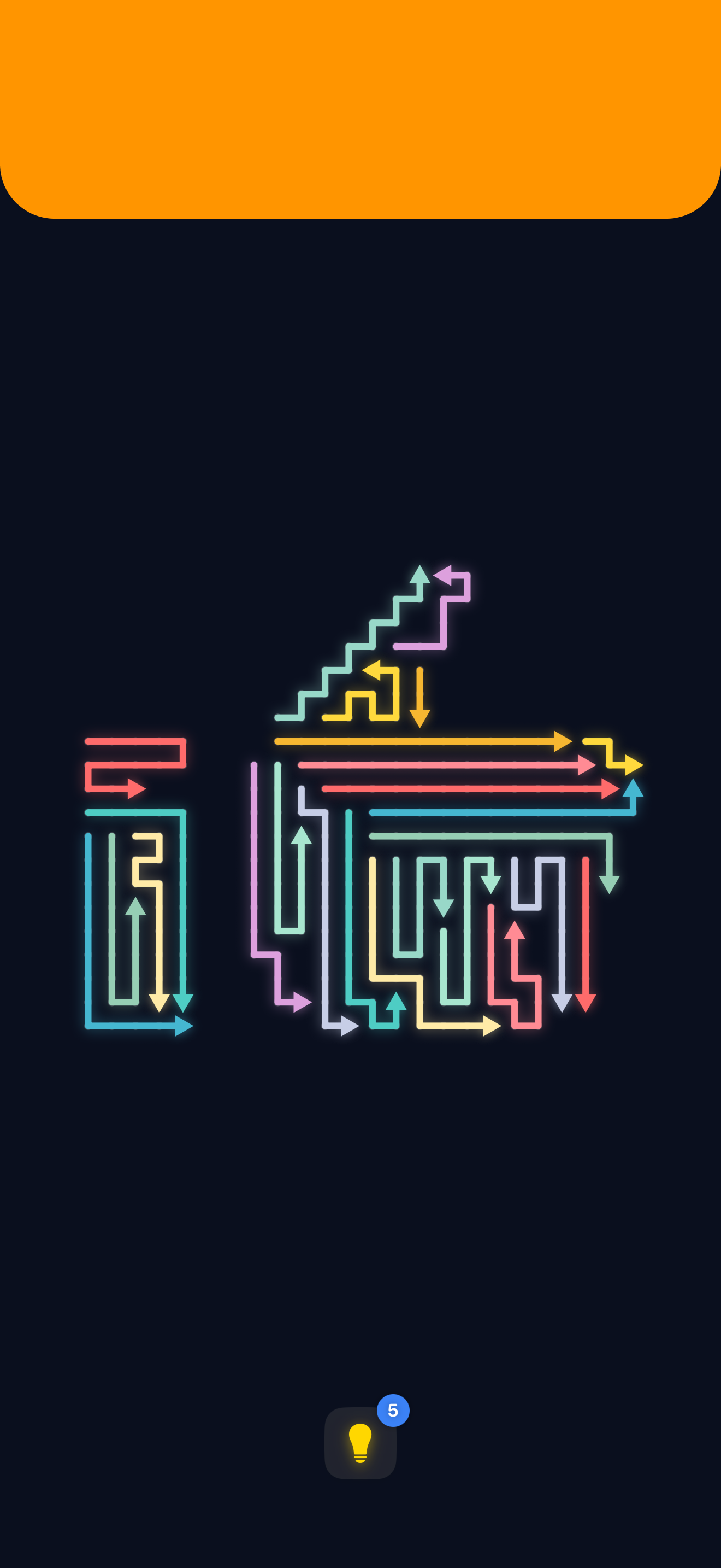 Arro Escape logic puzzle level with a staircase pattern of colorful arrows leading to multiple solution paths