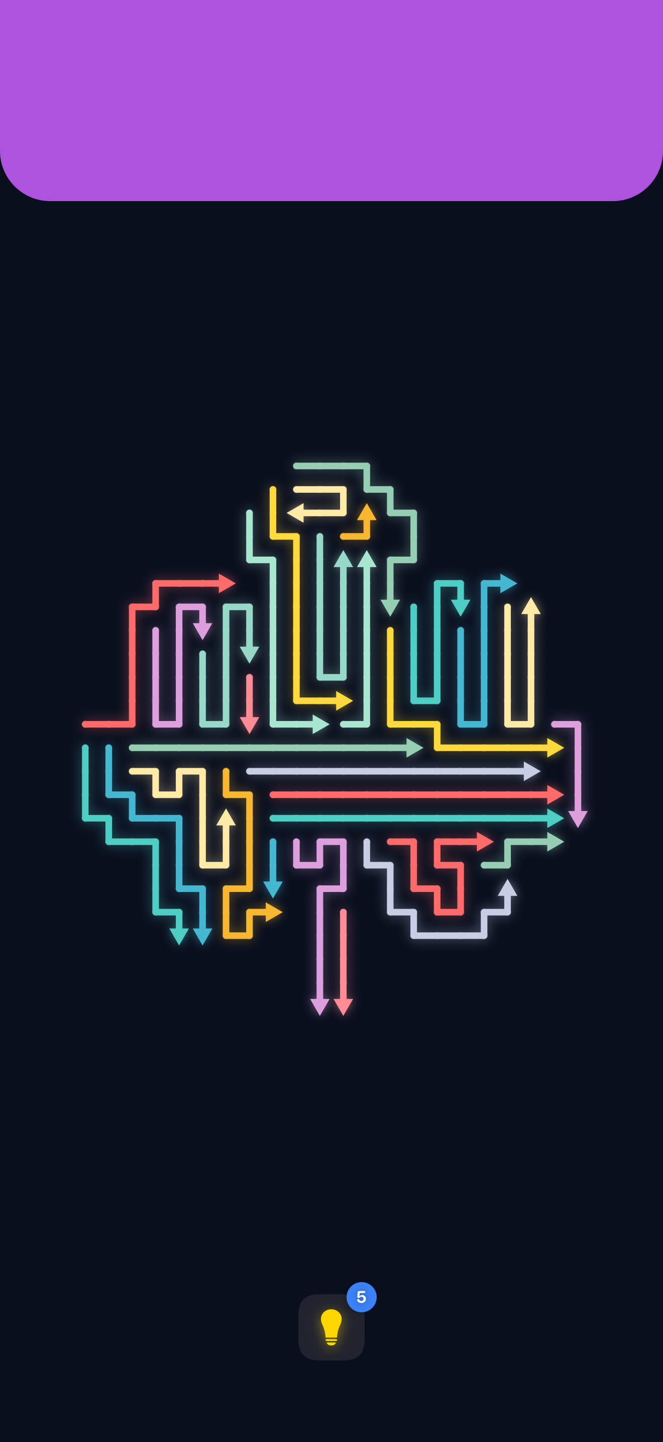 Arro Escape strategy puzzle level displaying a dense network of interlocking neon arrows in a complex maze layout