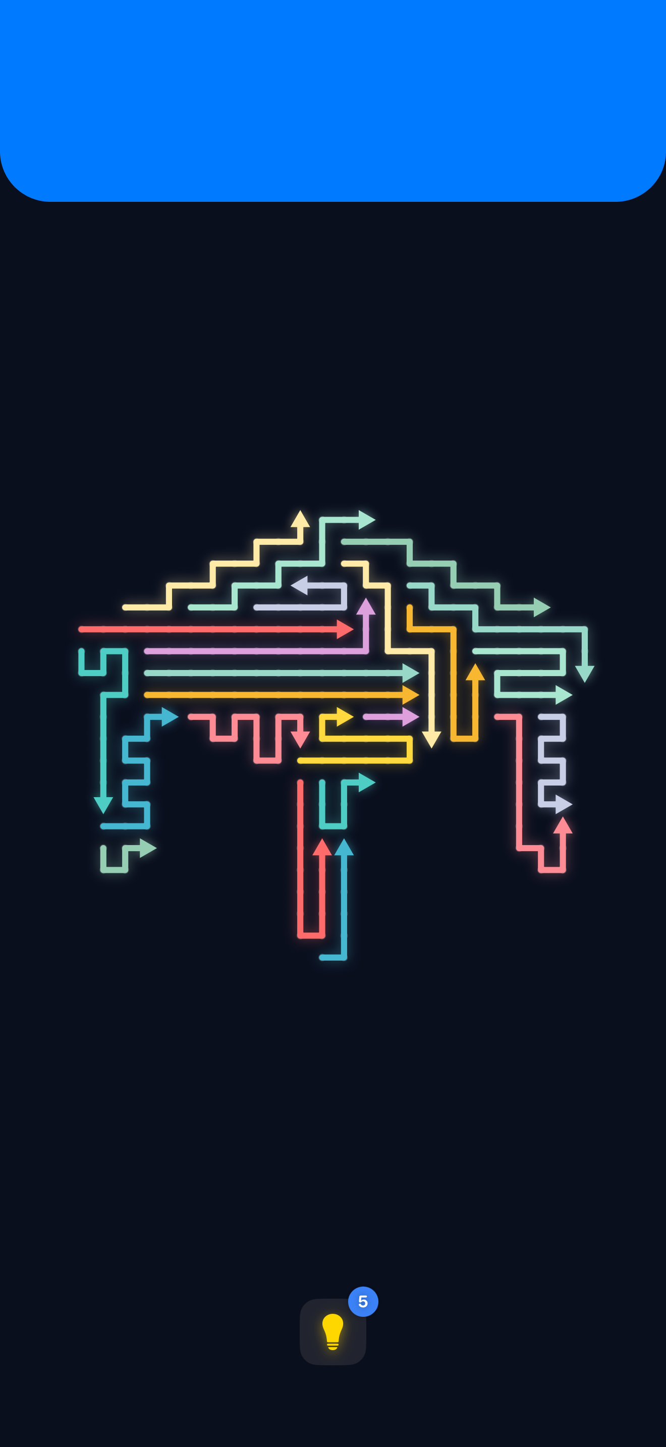 Arro Escape advanced puzzle level featuring a mountain-like arrow structure with multi-directional paths to master